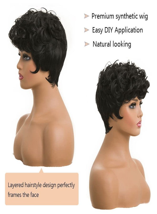 MOONSHOW Short Pixie Wigs for Black Women Short Black Curly Pixie Wig Synthetic Short Hair Wigs for Black Women Natural Wavy Black Pixie Cut Wig (Natural Black) - Image 4